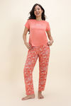Zivame Floral Hush Knit Cotton Pyjama Set - Burnt Coral — thumbnail 2